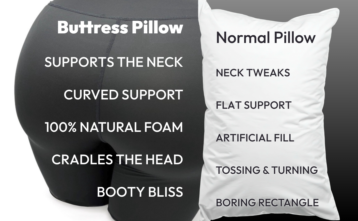 Comparison chart: The Buttress Pillow versus an average $25 pillow β support, natural latex, durable core, adjustability, and comfort versus cheap fillers, overheating, flattening, and no structural support.