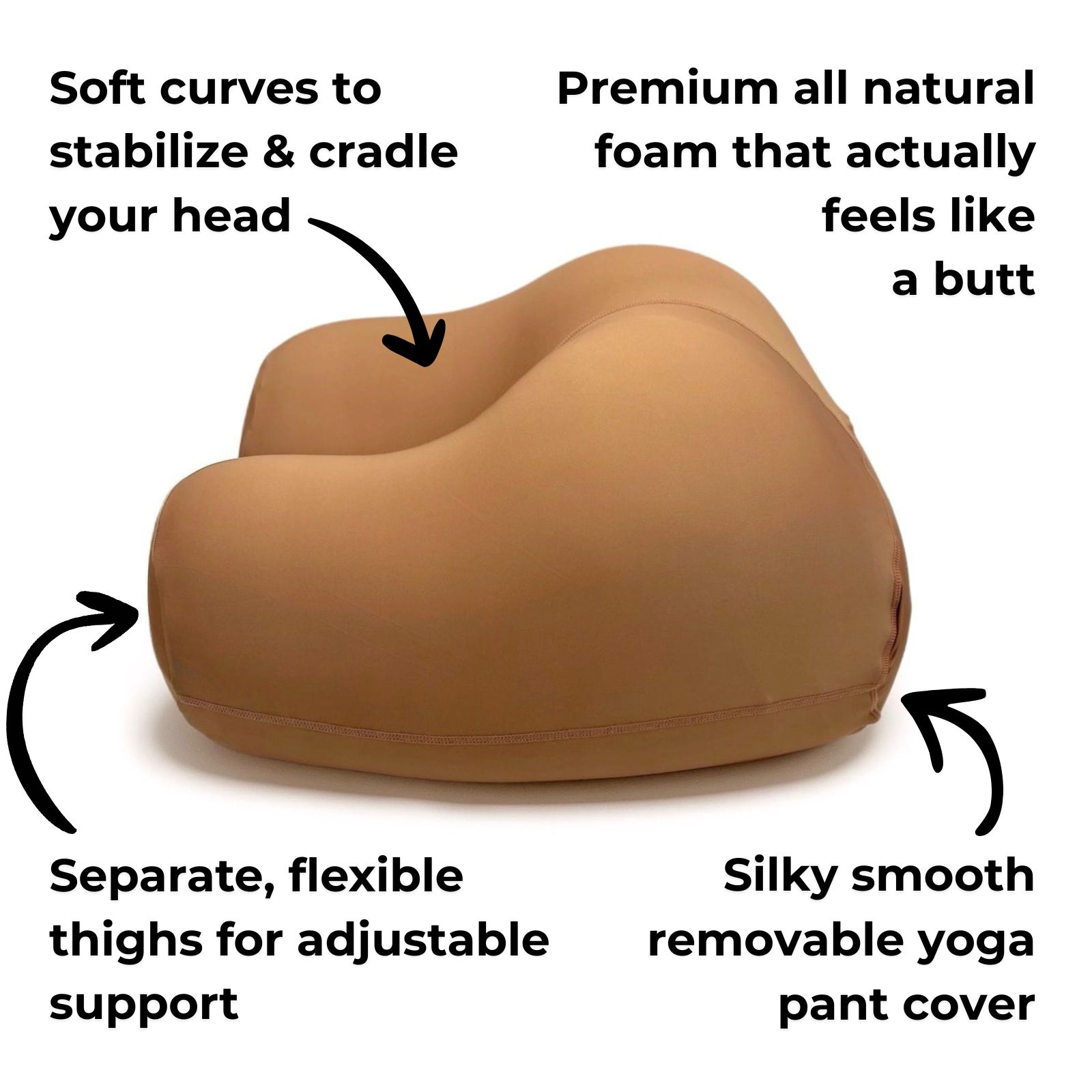 Buttress Pillow product infographic showing how the shape supports different sleep positions.
