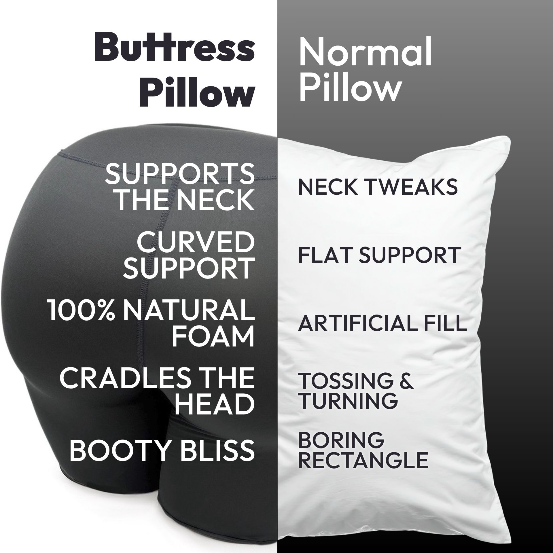 Butt-shaped pillow vs rectangular pillow: comparison graphic.